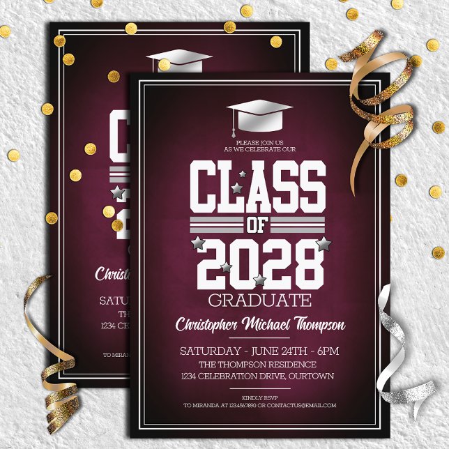 School Colors Burgundy | Silver Graduation Party  Invitation (Creator Uploaded)
