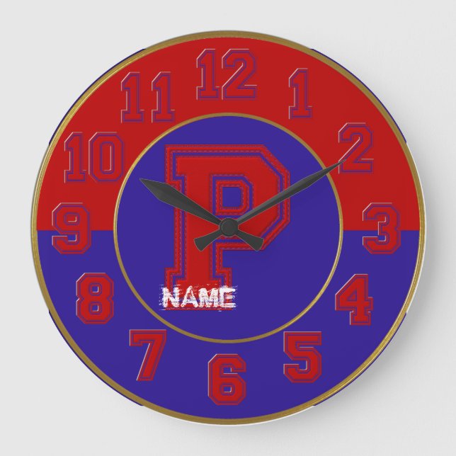 School Colors Clock, Red & Blue Letter P Large Clock (Front)