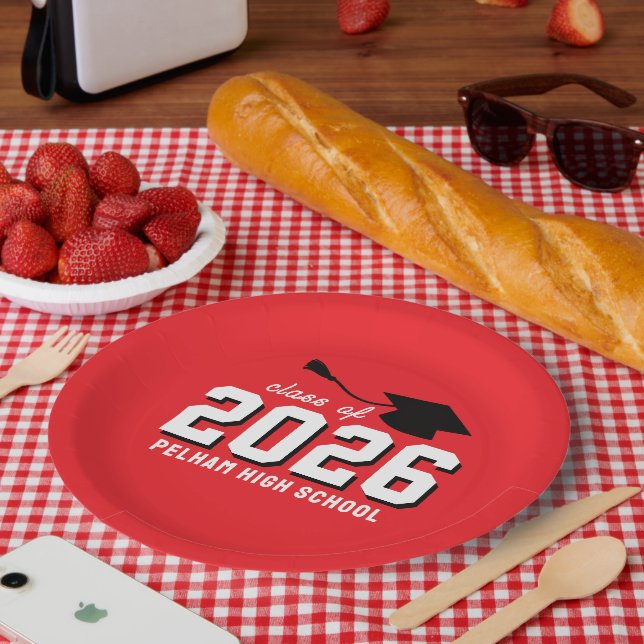 School Colors Grad RED CUSTOMIZABLE Paper Plates (Picnic)