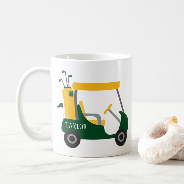 School Colors - Green & Gold Golf Cart Coffee Mug (With Donut)