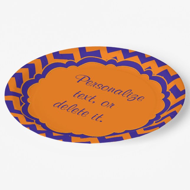 School-Colors-Monogram Chevron Orange-Blue- Paper Plates (Angled)
