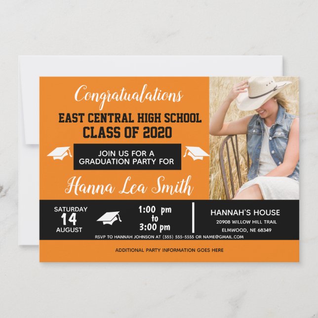 School Colors, Orange Black High School Graduation Announcement (Front)