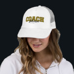 School Colors Personalized Coach-Black and Gold Trucker Hat<br><div class="desc">School Colors Personalized Coach-design is a graphic art text only design. The collegiate letters are created with two school colors. The letters are textured, beveled; trimmed and digitally stitched. NOTE: Edit and personalize the last name text area to suit. This COACH design is available in assorted school colors. This item...</div>