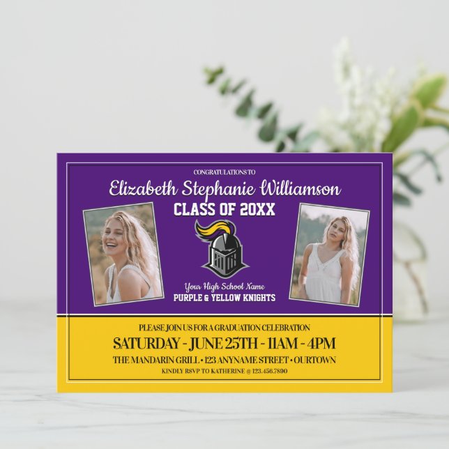 School Colors Purple and Yellow Graduation Party Invitation (Standing Front)