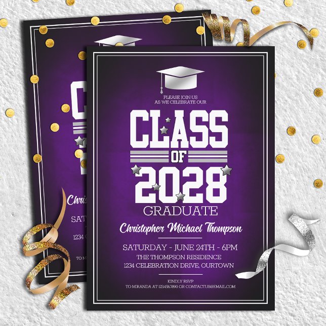 School Colors Purple|Silver Graduation Party Invitation (Creator Uploaded)
