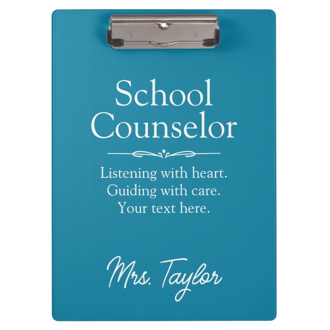 School Counselor Custom Modern Calming Deep Teal Clipboard (Front)