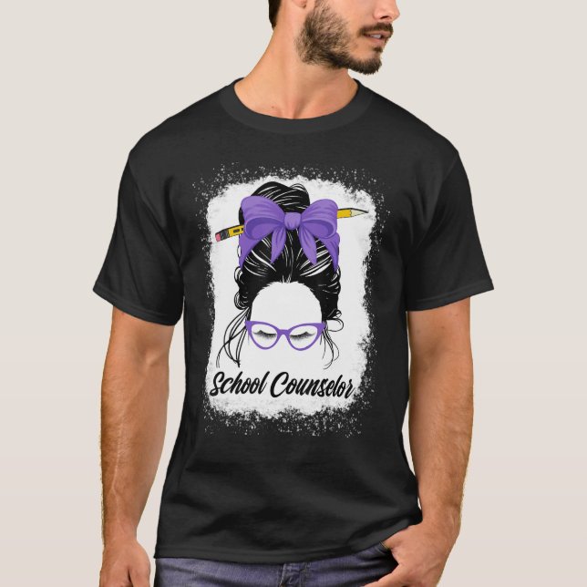 School Counselor Messy Bun Back To School Purple W T-Shirt (Front)