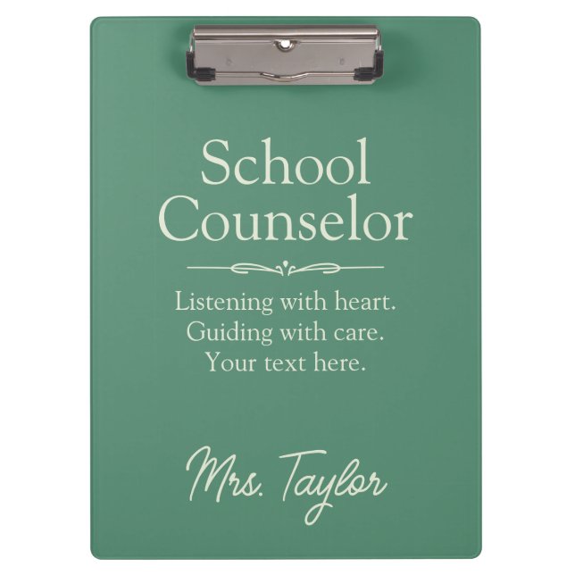 School Counselor Personalized Dark Sage Green Clipboard (Front)
