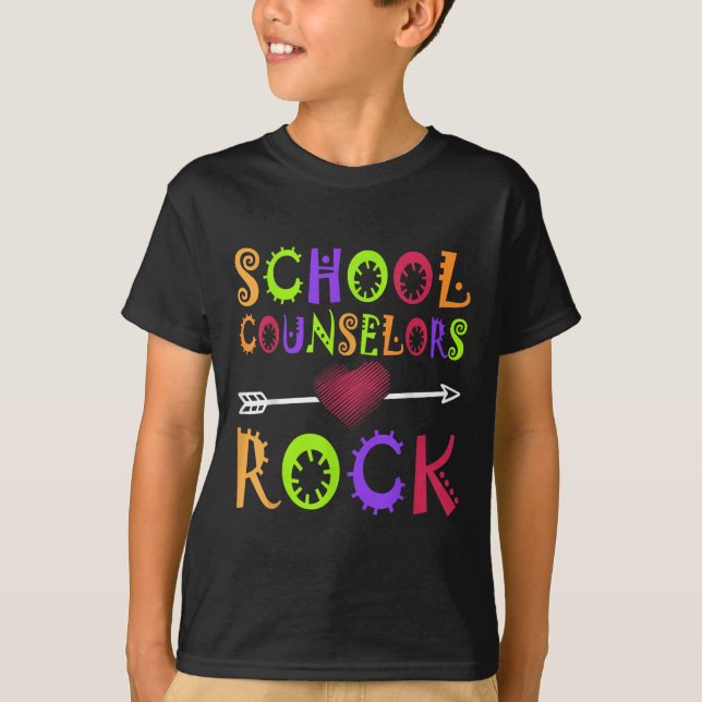 School Counselor Rock Heart Book School Counseling T-Shirt (Front)