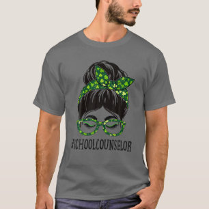 School Counselor Women Messy Bun St Patrick's Day T-Shirt