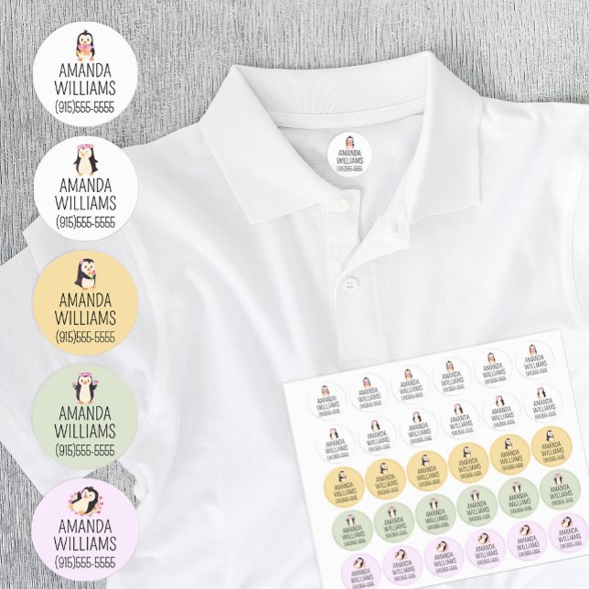 School Daycare Penguin Clothing Name Kids' Labels (Cute penguin name labels for shirts, uniforms, gym clothes and more.)