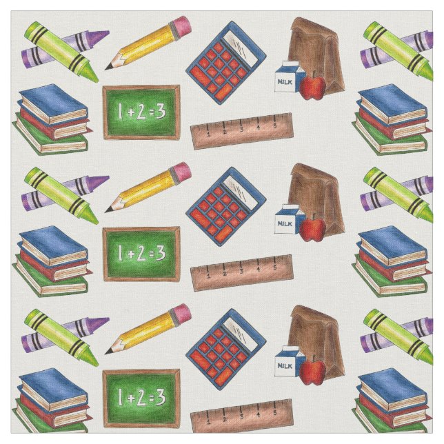 School Days Crayon Calculator Ruler Pencil Teacher Fabric (Close Up)