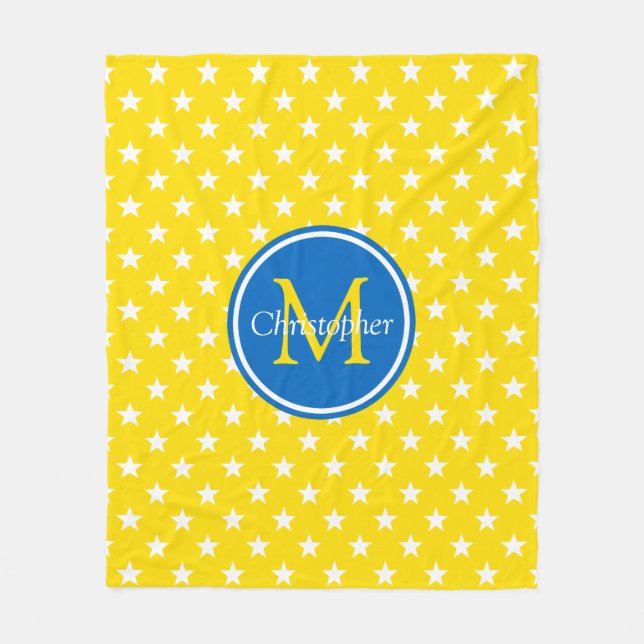 School Days Yellow and Blue Stars Monogram Fleece Blanket (Front)