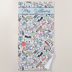 School Doodle Cute Summer Beach Towel