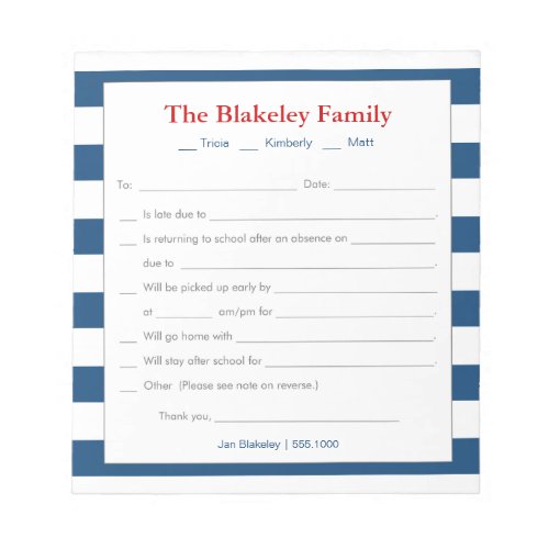 School Excuse Personalized Blue Stripes Notepad