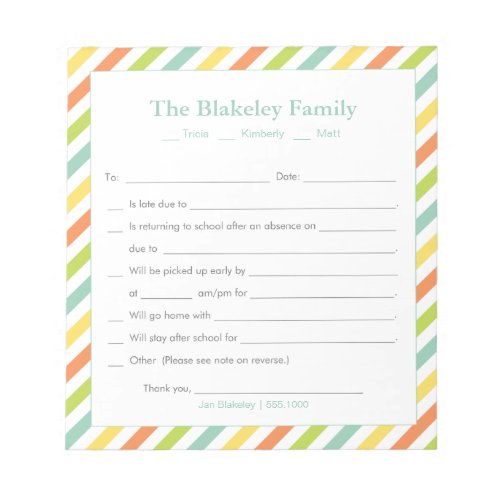 School Excuse Personalized Rainbow Stripes Notepad