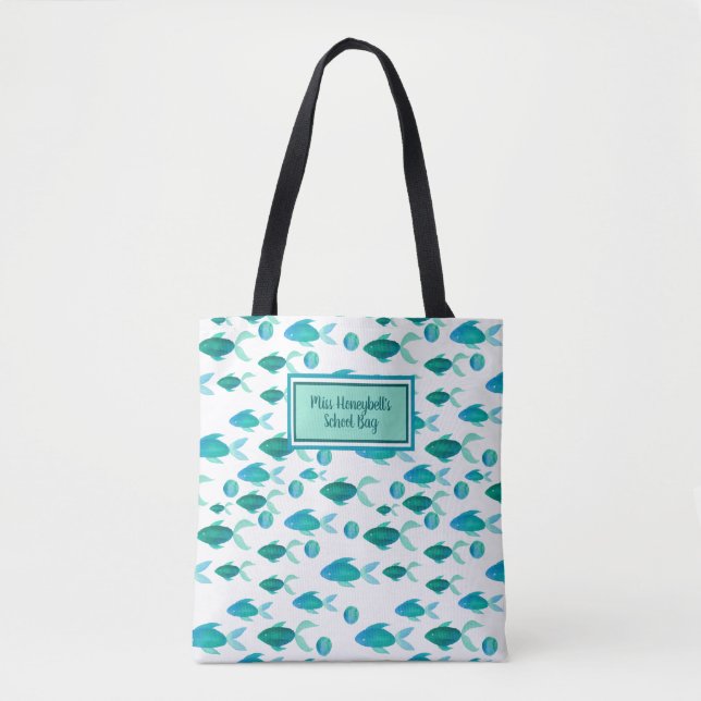 School Fish Ocean Blue Green Personalized Teacher Tote Bag (Front)