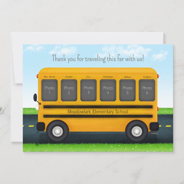 School Friends Personalized School Bus 6 Photos Thank You Card (Front)