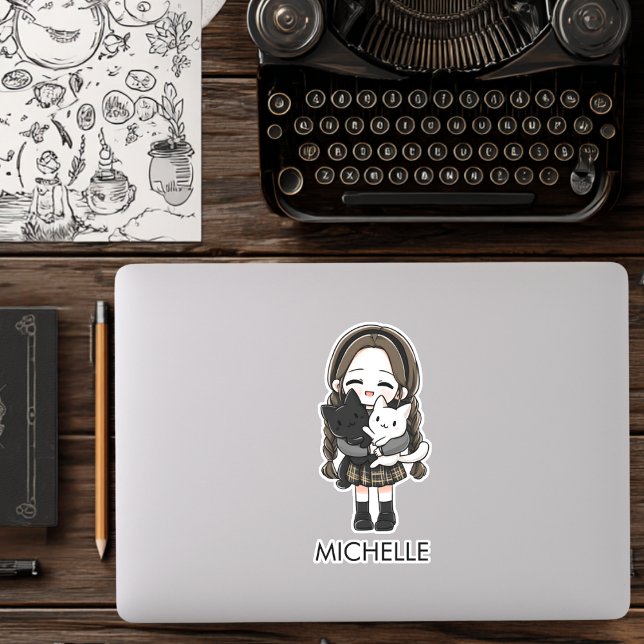 School Girl & Cats Cute Anime Cartoon Personalized Sticker (Creator Uploaded)