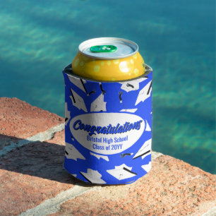 School Graduation Celebration Blue and White Caps Can Cooler