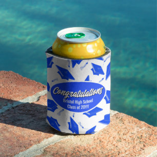School Graduation Giveaway Blue and White Caps Can Cooler