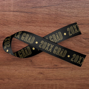 School Graduation Year Pattern Black & Gold  Satin Ribbon
