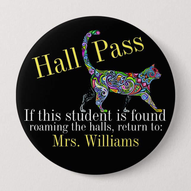 School Hall Pass / Cat - SRF Pinback Button (Front)