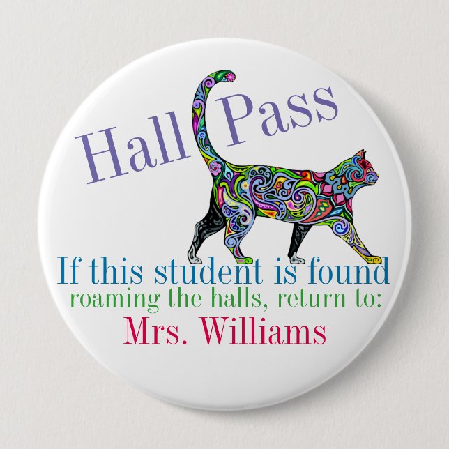 School Hall Pass / Cat - SRF Pinback Button (Front)