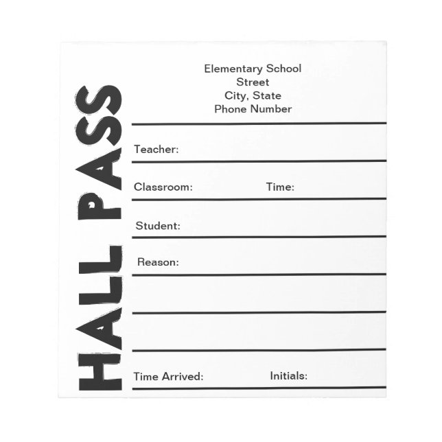 School Hall Pass Notepad (Front)