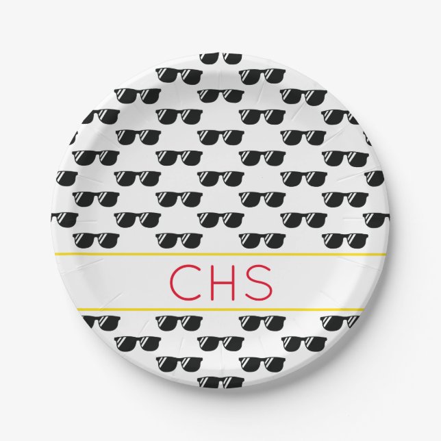 School INITIALS Sunglasses Grad Fun Cool Paper Plates (Front)