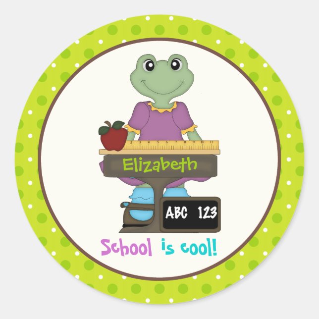 School is cool! Frog at her desk Back to school Classic Round Sticker (Front)