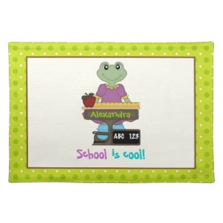 School is cool! Frog at her desk Back to school Cloth Placemat