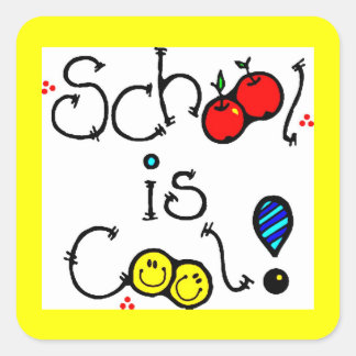 SCHOOL IS COOL FUN COLOURFUL HAPPY FACES APPLES SQUARE STICKER