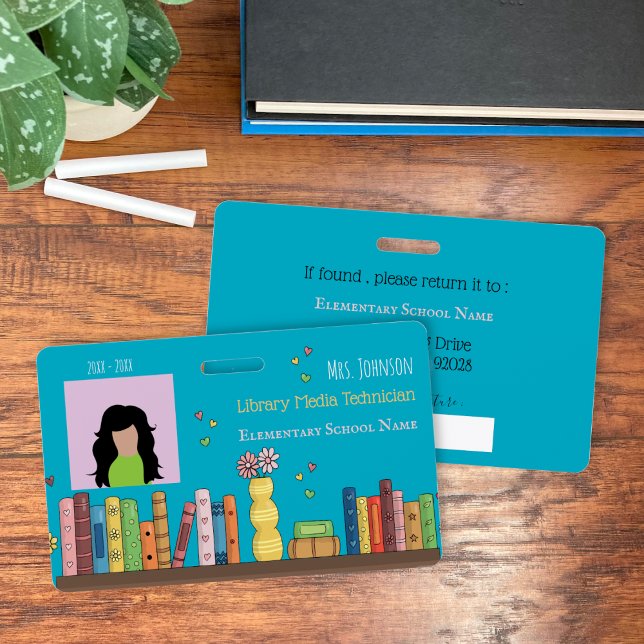 School Librarian Teal Photo ID Badge (Watercolor bookshelf , teal library media technician horizontal photo ID badge .)