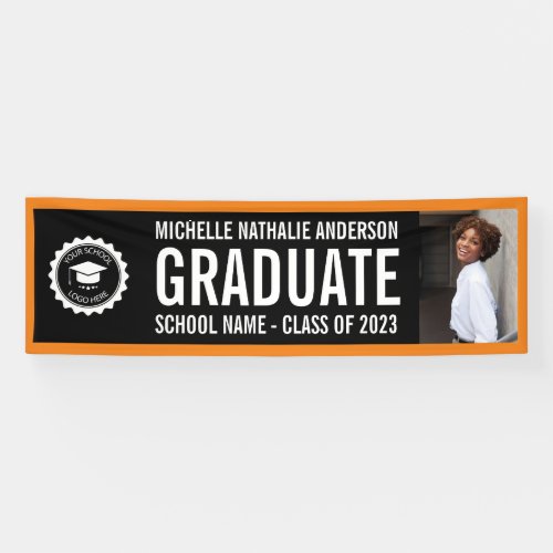 School logo Graduation Photo Party Black Orange Banner