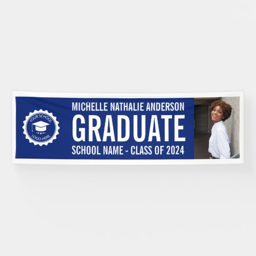 School logo Graduation Photo Party BLue White Banner