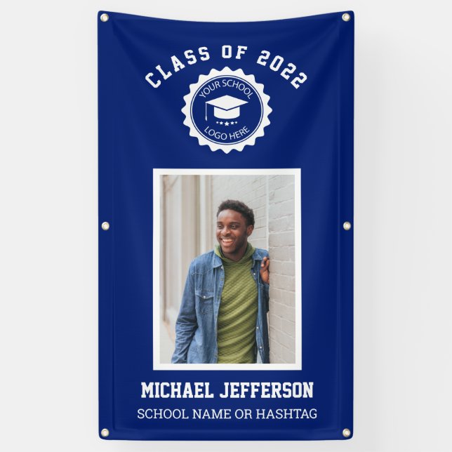 School logo or mascot Blue Photo Graduation Banner (Vertical)