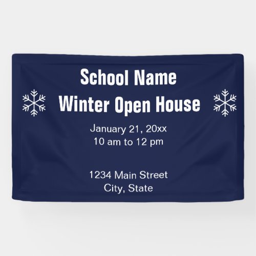 School Logo Winter Open House Blue and White Banner