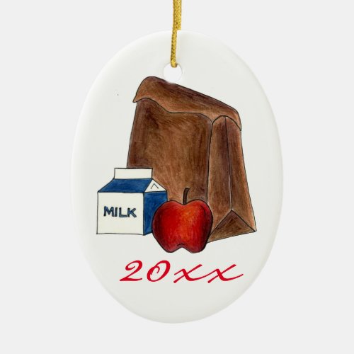 School Lunch Milk Apple Favorite Teacher Gift Ceramic Ornament