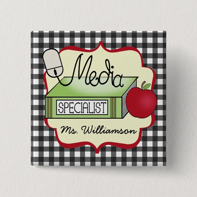 School Media Specialist - Gray Gingham Pinback Button (Front)