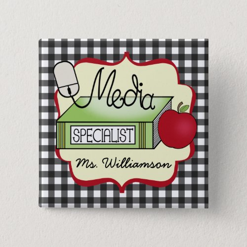 School Media Specialist _ Gray Gingham Pinback Button