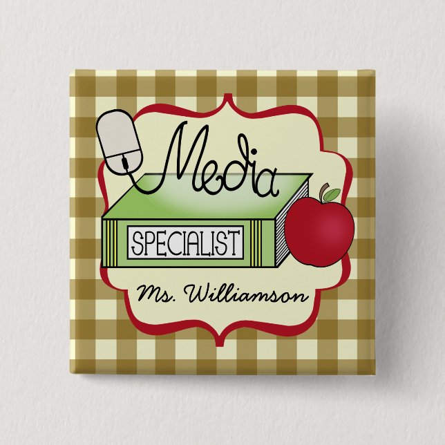 School Media Specialist - Tan Gingham Button (Front)