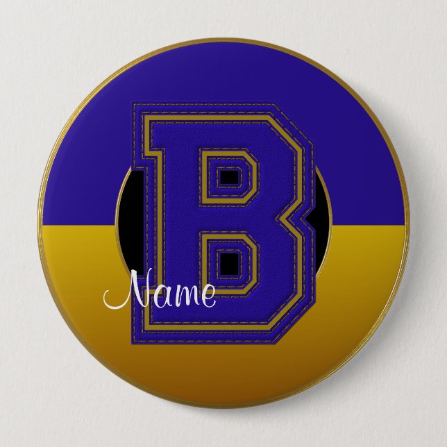 School Monogrammed Button, Blue-Gold Letter B Button (Front)