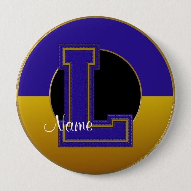 School Monogrammed Button, Blue-Gold Letter L Button (Front)