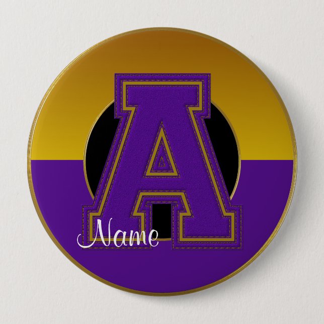 School Monogrammed Button, Purple-Gold Letter A Button (Front)