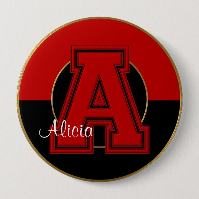 School Monogrammed Button, Red-Black Letter A Pinback Button (Front)