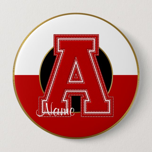 School Monogrammed Button, Red-White Letter A Pinback Button (Front)