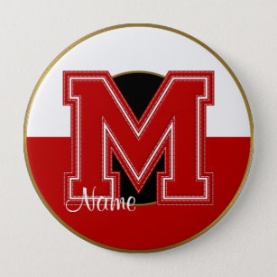 School Monogrammed Button, Red-White Letter M Button
