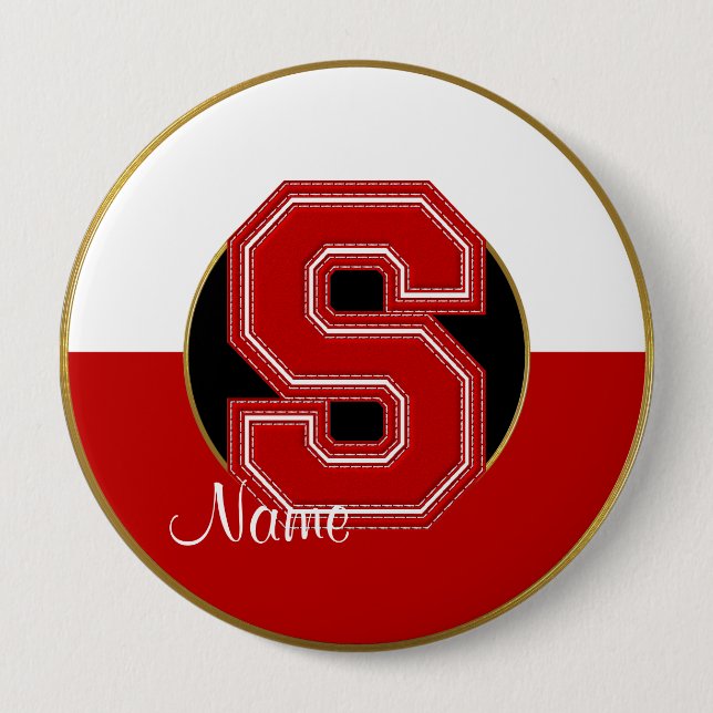 School Monogrammed Button, Red-White Letter S Pinback Button (Front)