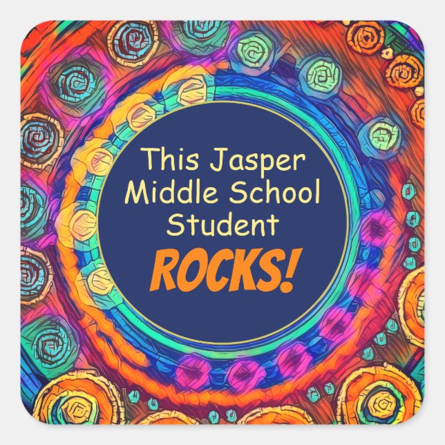 School Name Student Rocks Fun Colorful Teacher Square Sticker (Front)